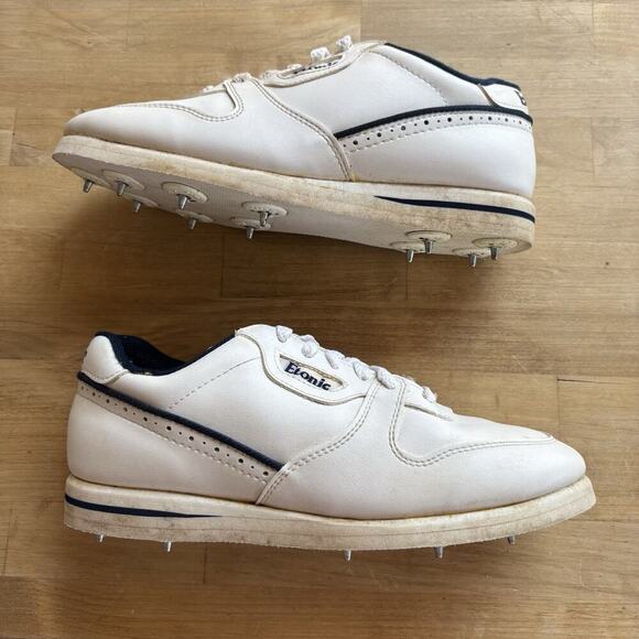 ETONIC Retro 7091 Metal SPIKED GOLF SHOES WHITE Pinstripe LEATHER UPPER MENS 8 M - Picture 2 of 10